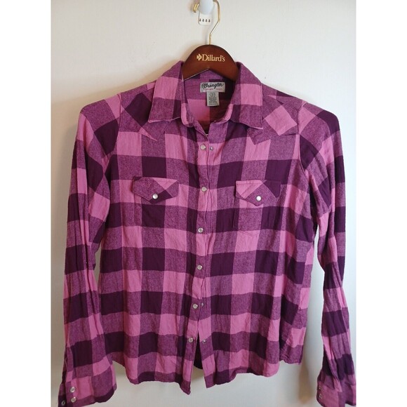 Wrangler Wrancher Western Pearl Snap Shirt M Long Sleeve Pink Plaid Cowgirl - Picture 4 of 8